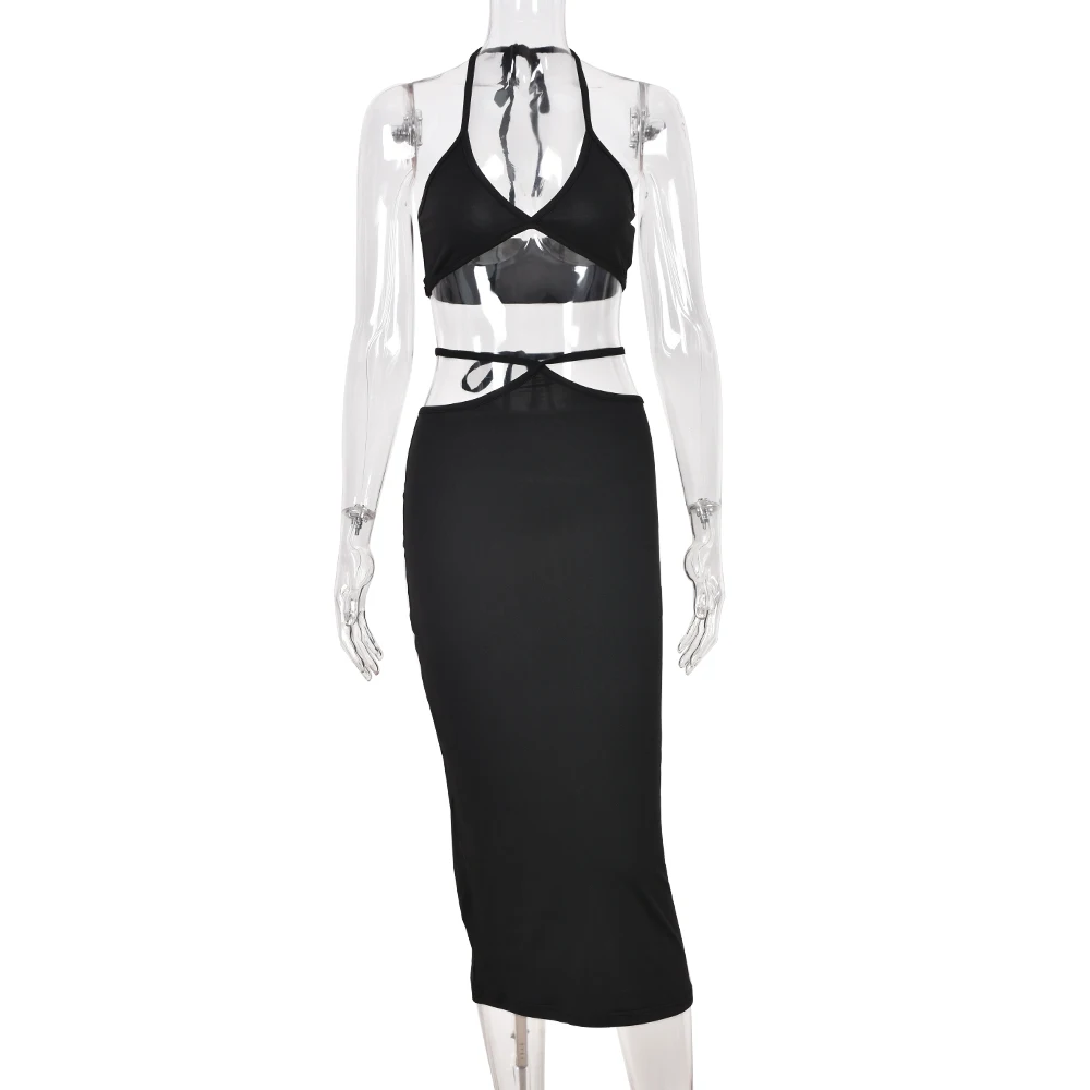 

Two Piece Set Women Sexy Backless Halter Crop Top +Lace Up Bandage Bodycon Midi Skirts 2021 Summer Beach Vacation Party Outfits