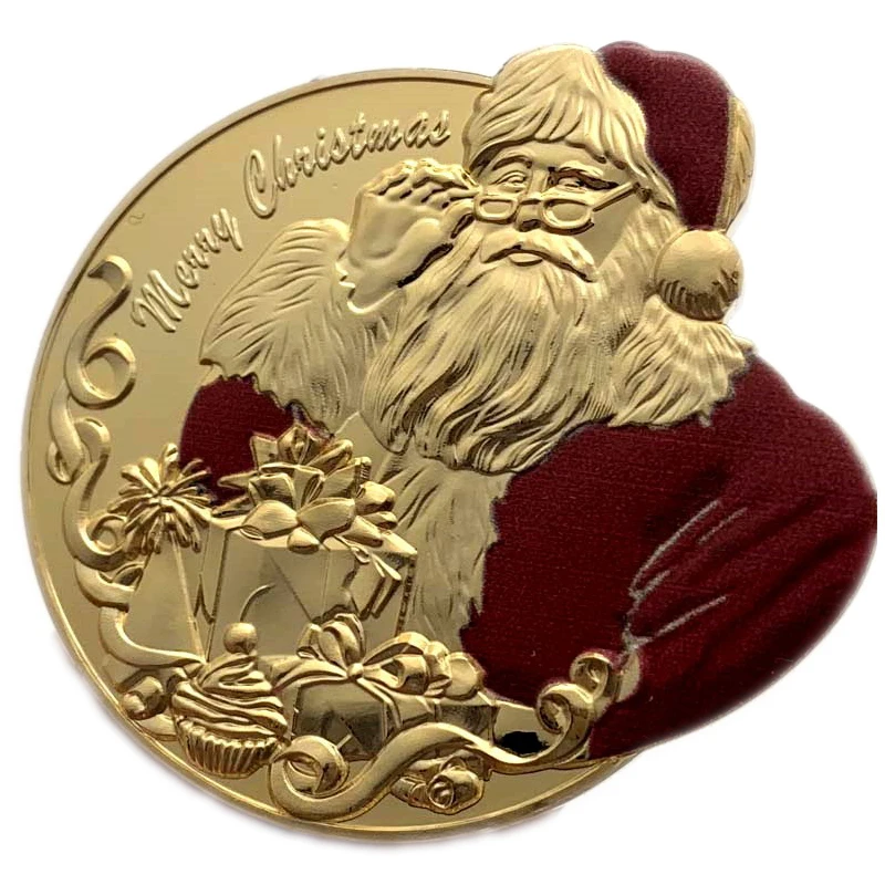

Santa Claus Gives Gifts Gold Plated Medallion New Year 2020 Commemorative Coins Christmas Colored Special-shaped Embossed Badge
