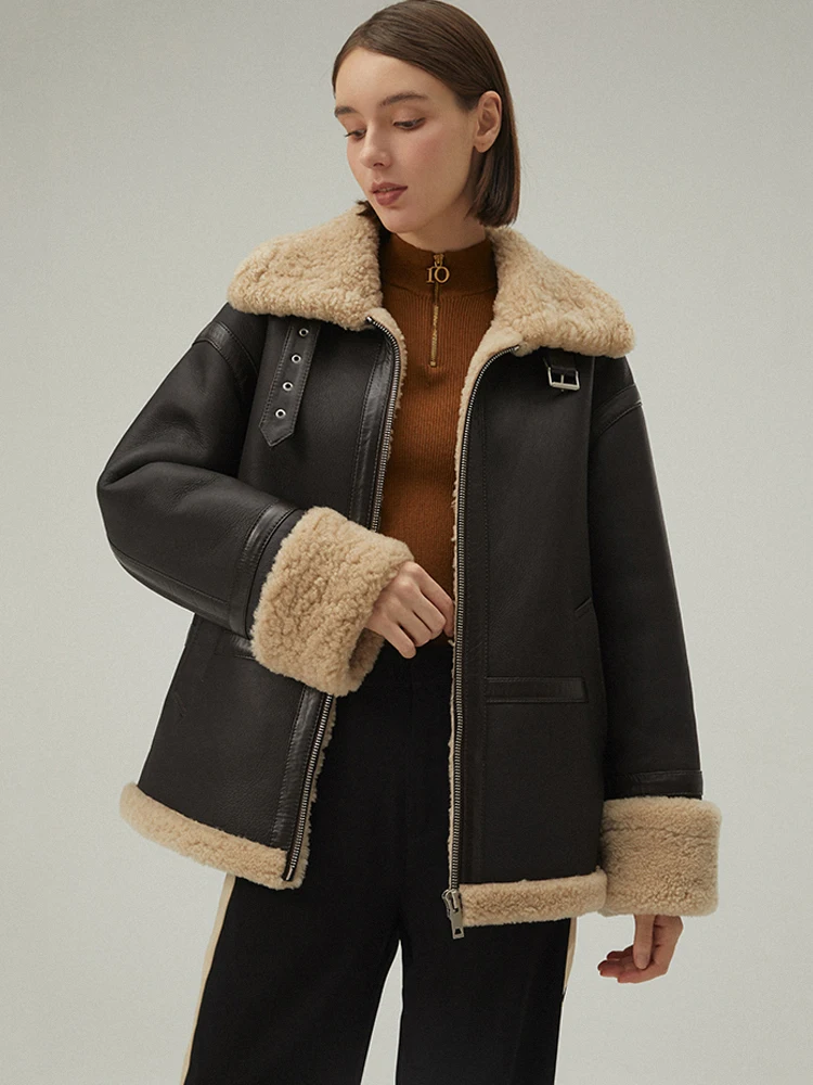 2020 New Womens Shearling Jacket Long Winter Coat Fur Jacket Thicken Wool Coat Brown Leather Jacket
