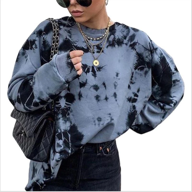 

2020 New Arrivals Women's Tie-Dye Hooded Long Sleeve Round Neck Loose Pullover Fashion Ladies Long Top Street Wear