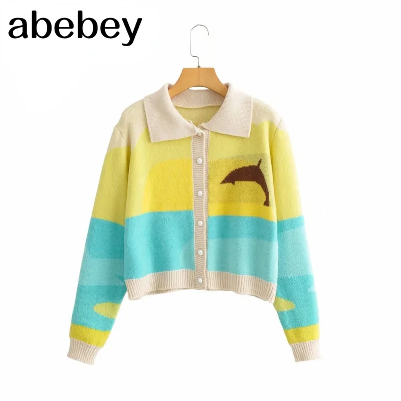 

Jumper 2022 Autumn Winter Sweet Pastoral Dolphin Print Knitted Sweater Women's Loose Y2k Cardigan Casual Chic Short Coat