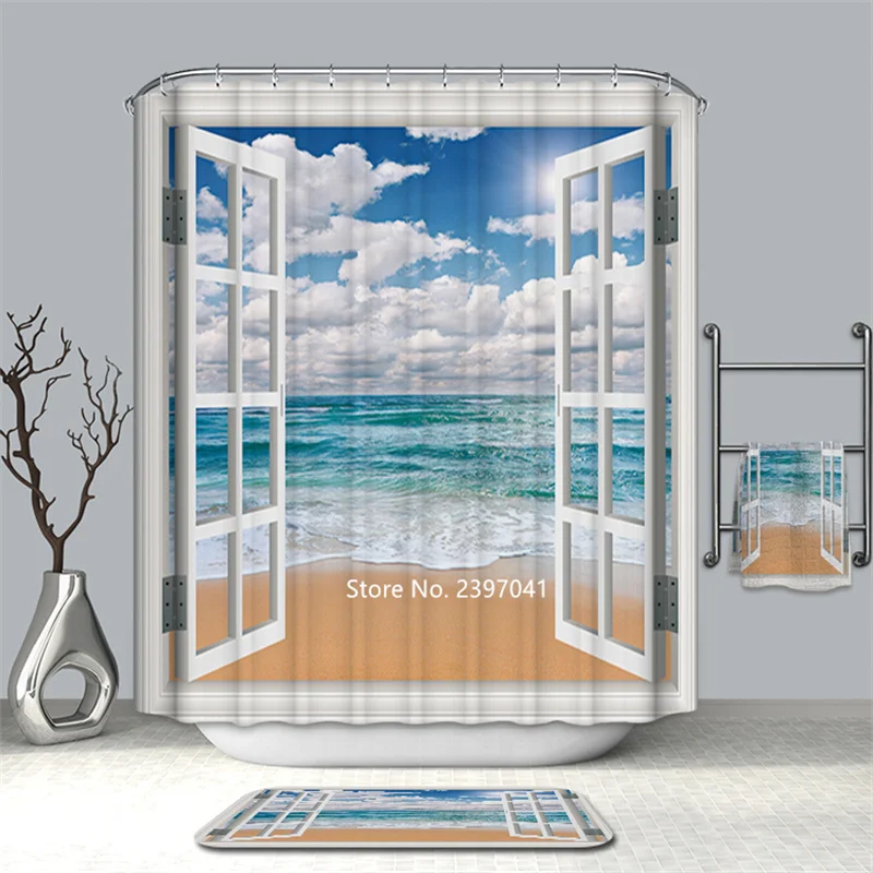 

New Window Scenery Beach Coconut Trees Natural Scenery Forest Shower Curtain Bathroom Waterproof and Mildew Proof with Hook