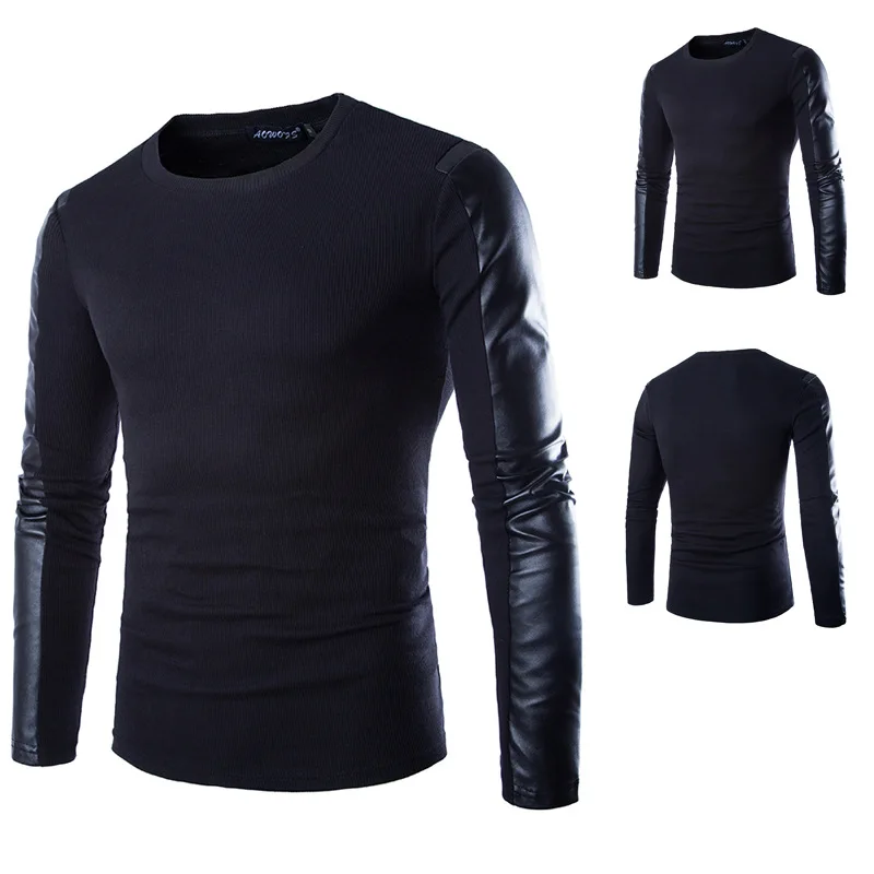 

wholesale 2021 Spring autumn PU patchwork sleeve men' pullover O-neck British fleece leather stitching brushed Sweatshirt