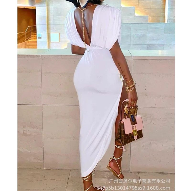 

WEPBEL Solid Color Slim-Fit Dress Women's Sexy Short-Sleeved Dress Summer V-neck Backless High Waist Split Irregular Dress