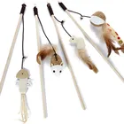 Мультяшный игрушечный тизер для кошек, перьевая деревянная мышь, игрушка с мини-колокольчиком, Ловец для кошек, деревянная палочка, искусственная игрушка