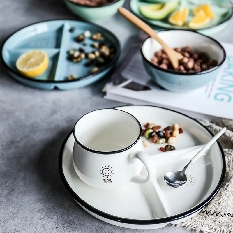 

Lovely Candy Smiling Face Ceramic Breakfast Grid Plate Milk Coffee Cup Bowl Gift Dish Tableware Home Decoration