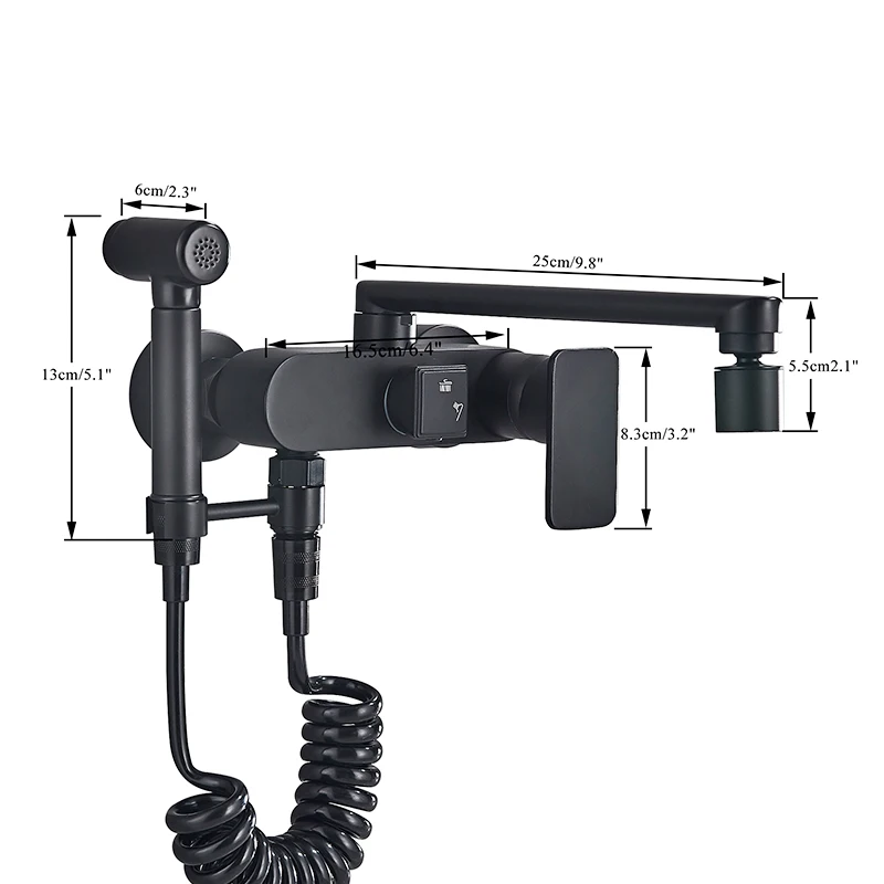 

Rozin Matte Black Wall Mounted Kitchen Faucet with Bidet and Swivel Spout Crane for washing vegetable Hot Cold Water Mixer Taps