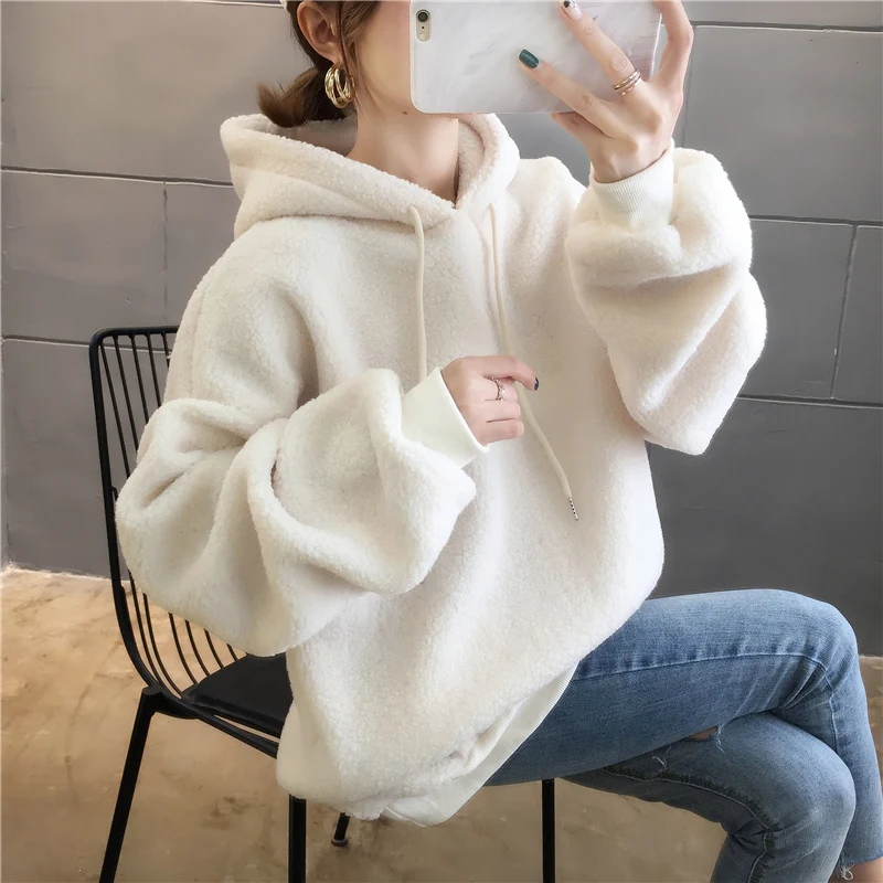 Fall winter 2020 Lazy Wind Lamb Velvet Ladies Hoodie Thickening Plus Loose Alphabet Embroidery Solid Color Girl Pullover | Женская
