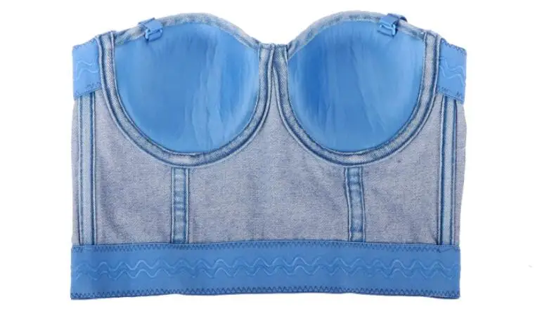 

Women's Sexy Backless Denim Crop Tops Blue White Festival Push Up Bra Corset Tank Top Night Club Party cropped feminino LQ