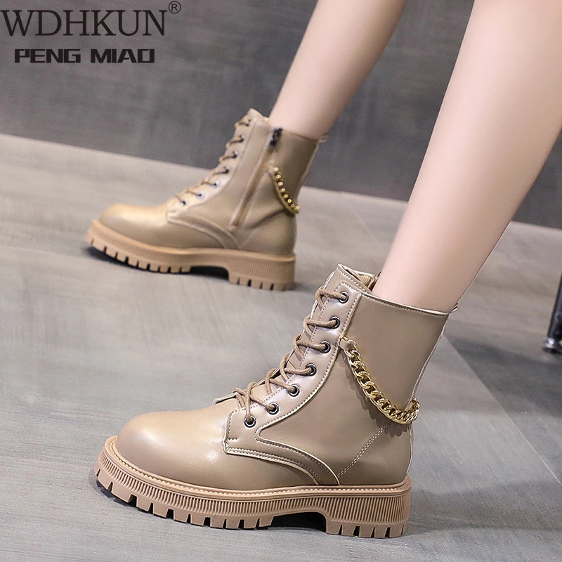 

White Black PU Leather Ankle Boots Women Autumn Winter Round Toe Lace Up Shoes Woman Fashion Motorcycle Platform Botas