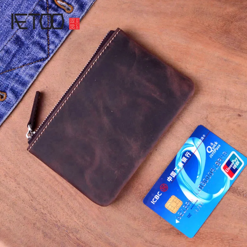 AETOO Мужской женский кошелек с монетницей из натуральной кожи на молнии держатель карт винтажный ретро сумасшедшая лошадь монета застежка на молнии мини кошелек.