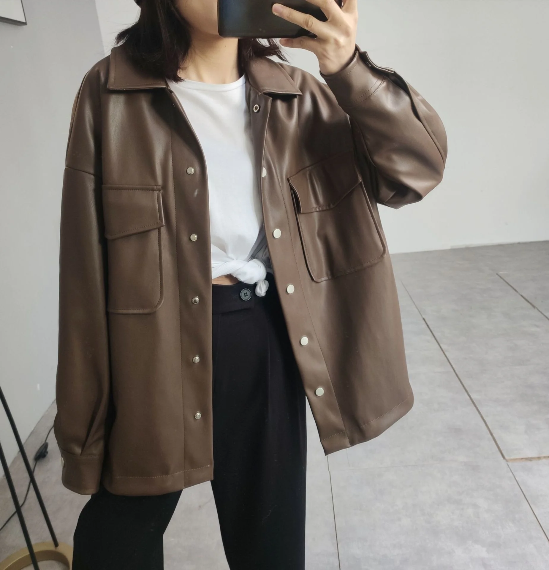 2021 spring and autumn new Lapel long sleeve Brown single breasted Korean style commuter imitation leather loose leather clothes enlarge