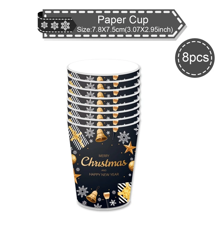 Paper Cup 8pcs PATIMATE Black Gold Tableware Christmas Tableware Merry Christmas Decoration For Home Table Happy New Year Decor Navidad - Цвет: Paper Cup 8pcs