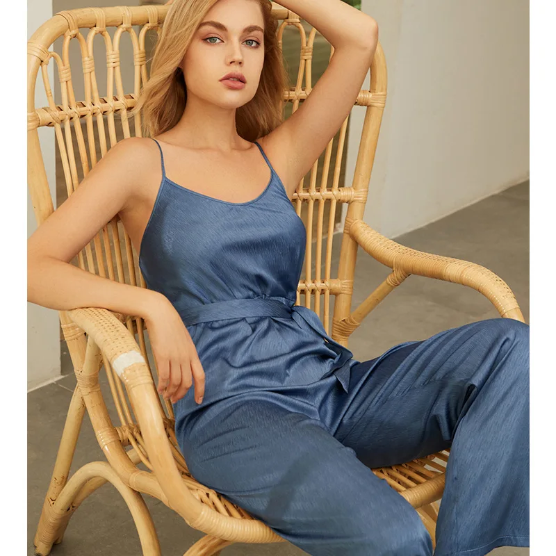 

ChunShang Silk Pajamas Women's Spring And Autumn Blue Suspender Trousers Suit Imitation Home Service