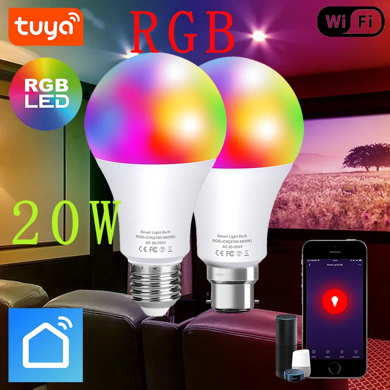 

Светодиодная лампа E27 wifi RGB работает с Alexa Google Home или ИК-пультом дистанционного управления, лампочка для внутреннего домашнего декора, умная ...