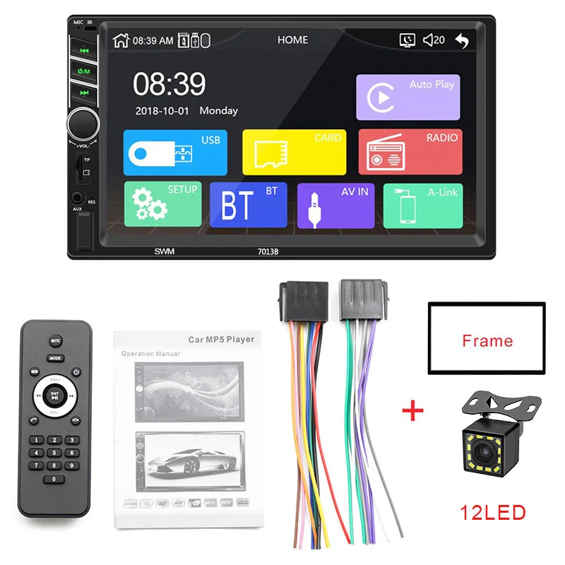 Frame and 12LED Автомагнитола 2 din автомагнитола " HD Авторадио мультимедийный плеер 2DIN сенсорный экран Авто аудио стерео MP5 Bluetooth Carplay 7013B - Цвет: Frame and 12LED
