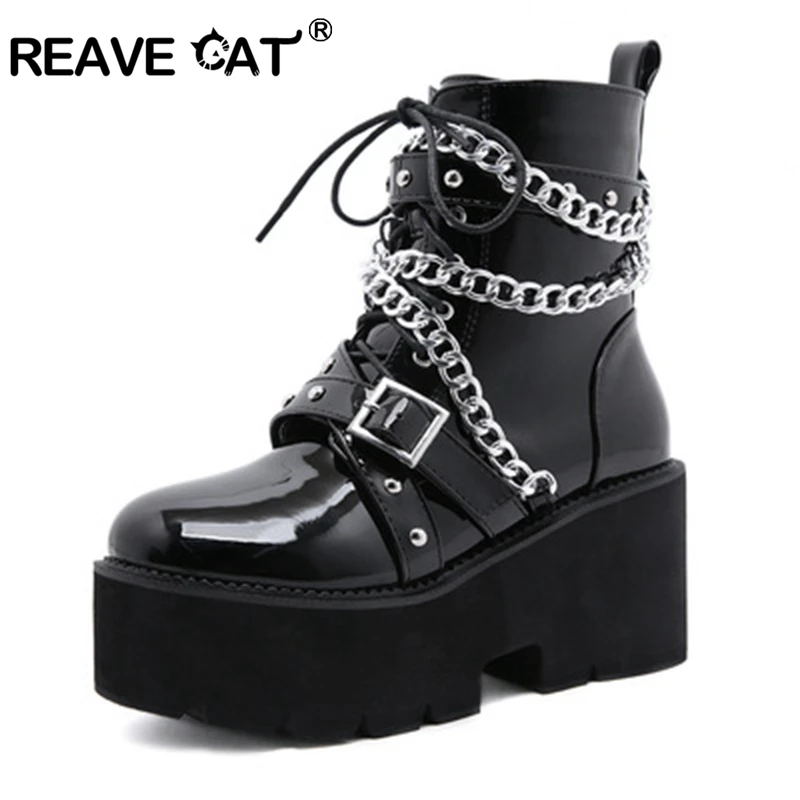 

REAVE CAT 2021 Autumn Lace-Up Motorcycle Boots Rivet Chains Women Punk Thick Platform High Heels Ankle Boots Gothic Style Shoes