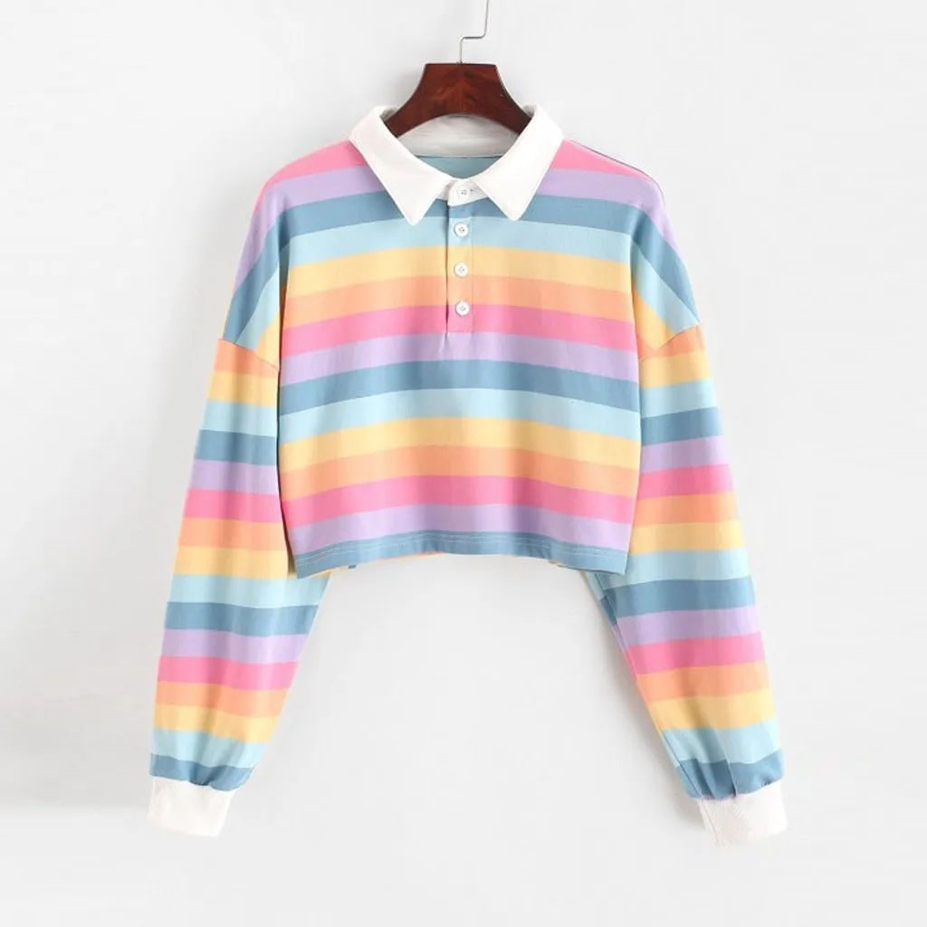Women Hoodies Vogue Multicolor Stripe Button Long Sleeve Pullover Hoodie Sweatshirt Tops Blouse Crop Top Autumn Winter Top Femme