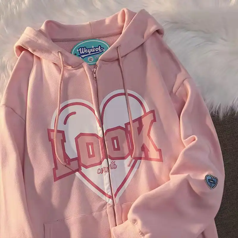 Pink Letter Graphic Kawaii Harajuku Hoodies Women Blue Punk Emo Alt Sweatshirt Zip Up Aesthetic Indie Y2k Korean Fashion Clothes | Женская