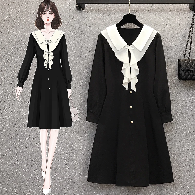 

4XL Plus Size Women Elegant Dress Spring 2021 Diamond Bow White Peter Pan Collar Patchwork Long Sleeve Ladies A-Line Dress Black