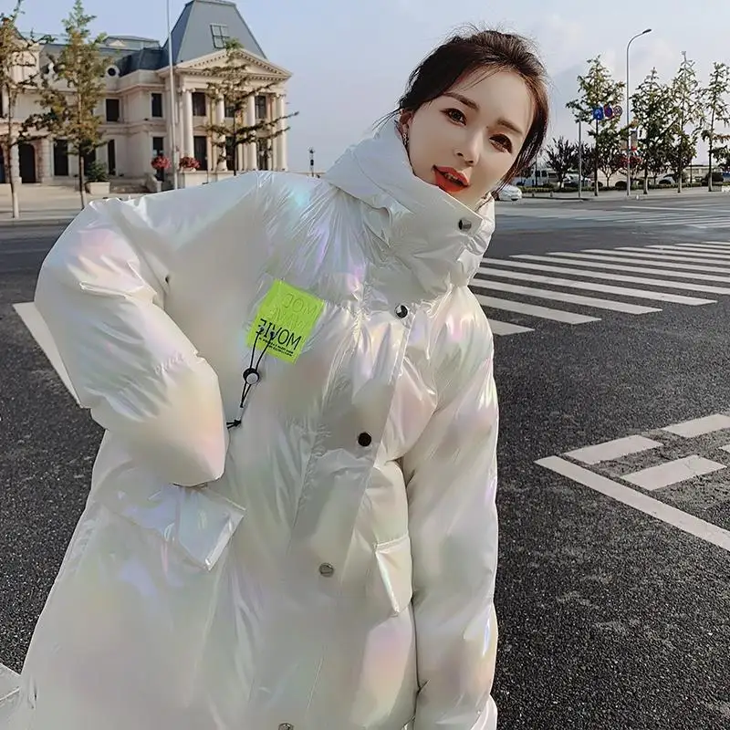

The new bright face wash-free down padded jacket women's winter colorful laser bread coat long hooded thick coat