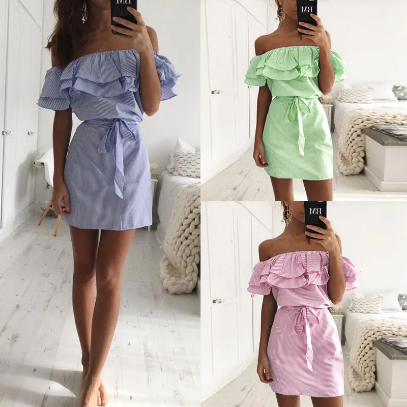 

New Hot Dress Women cheap cloth Striped Sashes Summer Dresses Ruffle Collar Bandage Sundress Casual Sexy Vestidos Defesta 2020