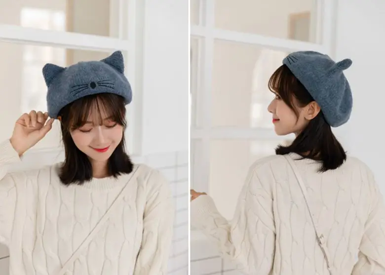 solid color beret  knitting cartoon cat ear winter beret Korean Japan style artist beret