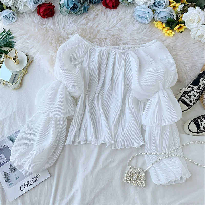 

2020 Autumn Solid Chiffon Blouses Women Lantern Sleeve Off Shoulder Tops Korean Short Elegant Blusas Mujer