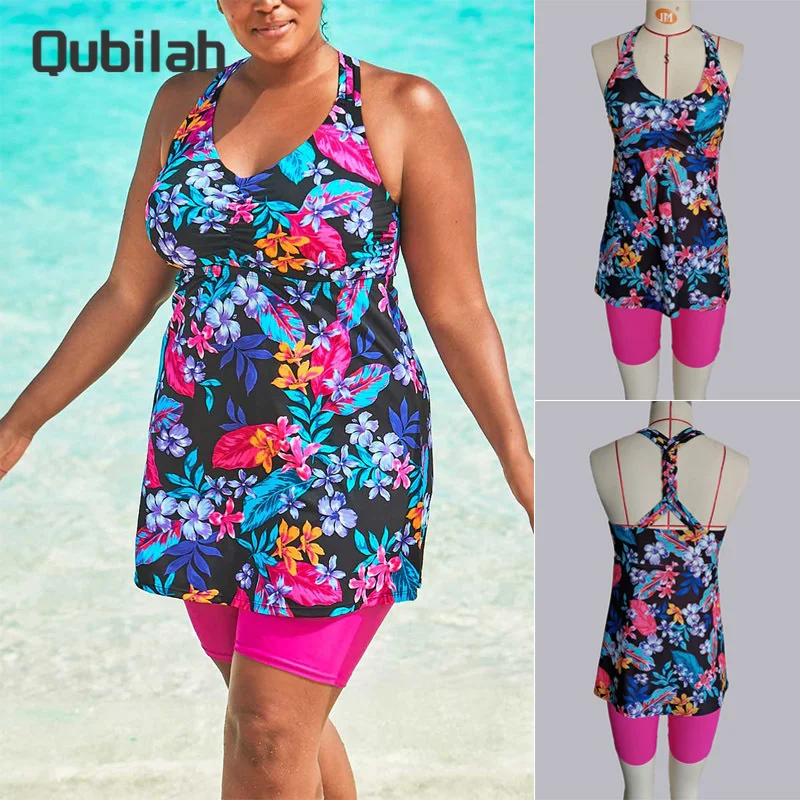 

Large Size Women Swimsuit Sexy Halter Braided Rope Skirt Style Covering The Flesh Slimming Bikini Floral Vest Shorts Suit Women