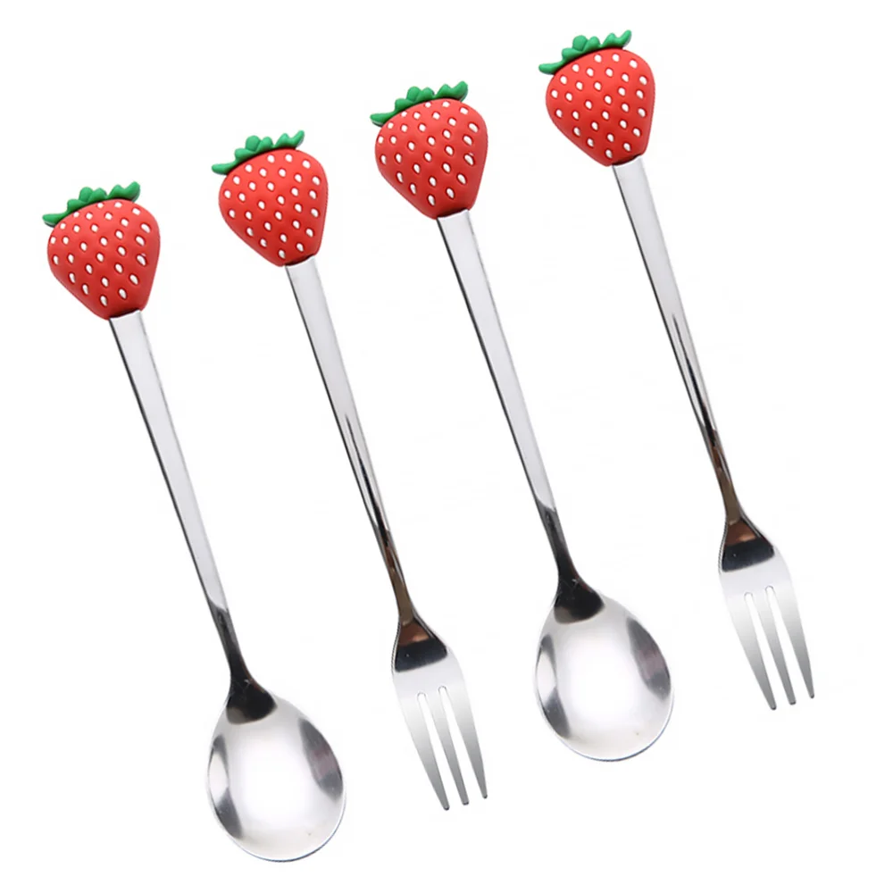 

4PCS Stainless Steel Fork Spoon Lovely Eating Tools Fruit Pattern Tableware