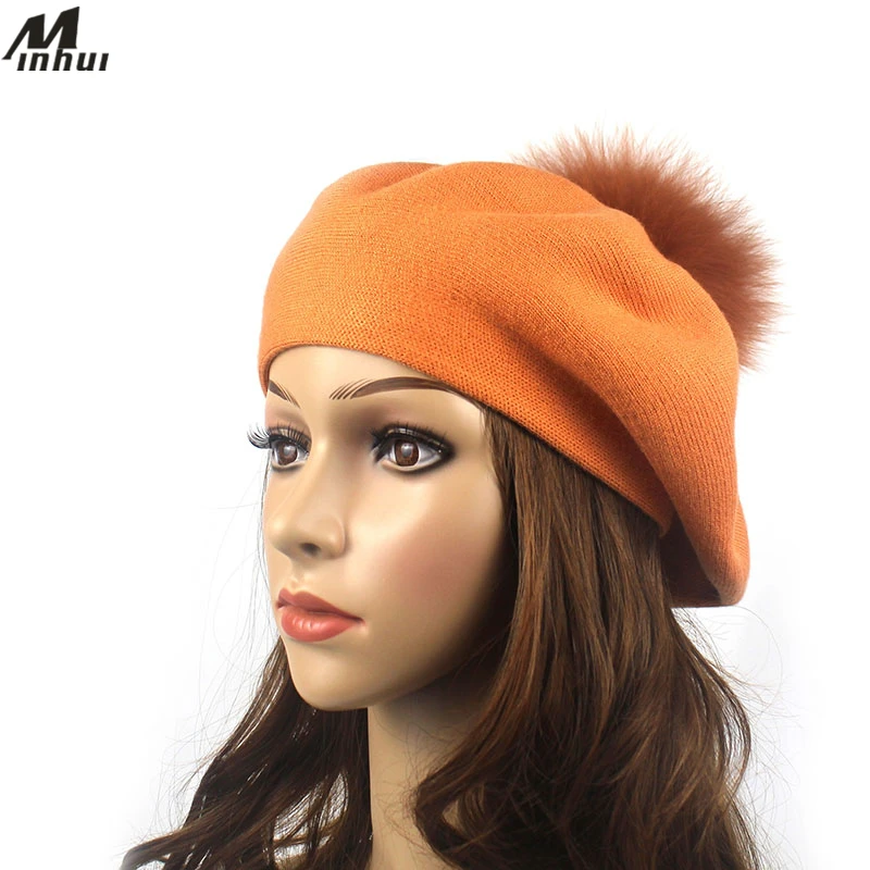 Женский теплый берет Minhui из натурального Лисьего меха зимняя шапка с помпоном