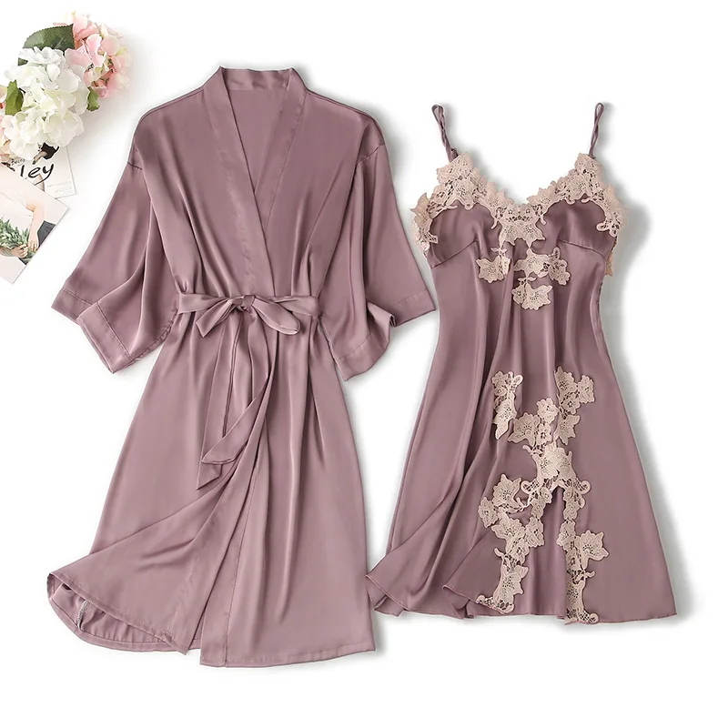 

Birdial Wedding Kimono Bath Gown Women 2PCS Robe Set Satin Appliques Nightgown&Bathrobe Suit With Lace Bridesmaid Sleepwear