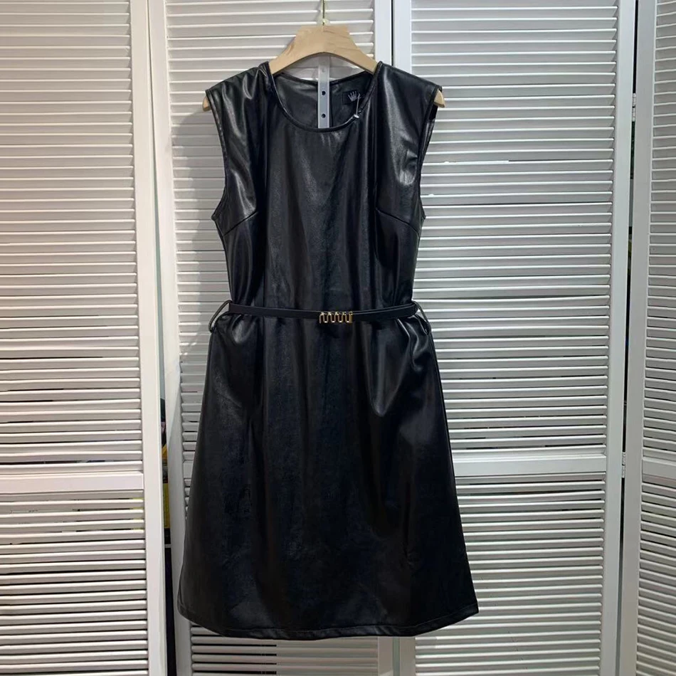 

Free Shipping 2021 Summer Women's Black Pu Dress Sexy O Neck Sleeveless Belt A Line Dress Celebrity Elegant Party Dress Vestidos