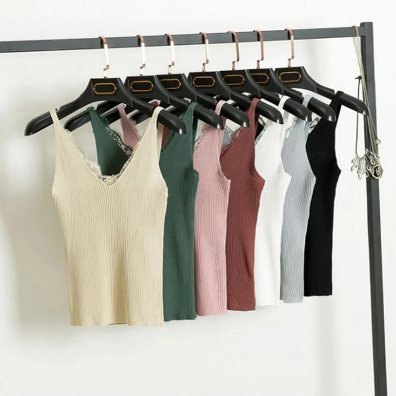 Women Summer Knitted Camis Tank Tops Crop Top Vest Hook Flower Lace Solid V neck Female Short Slim Outer Wear Shirt 7 Color New | Женская