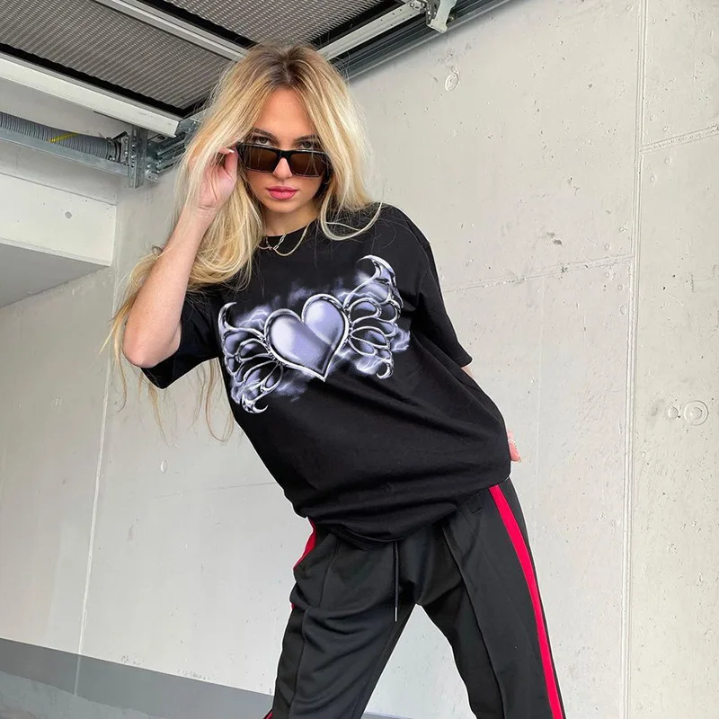 

Heart Print Loose Short Sleeve Oversized T Shirt Women Summer Top Y2K Casual Clothes Female Punk Street Style Harajuku T-Shirt