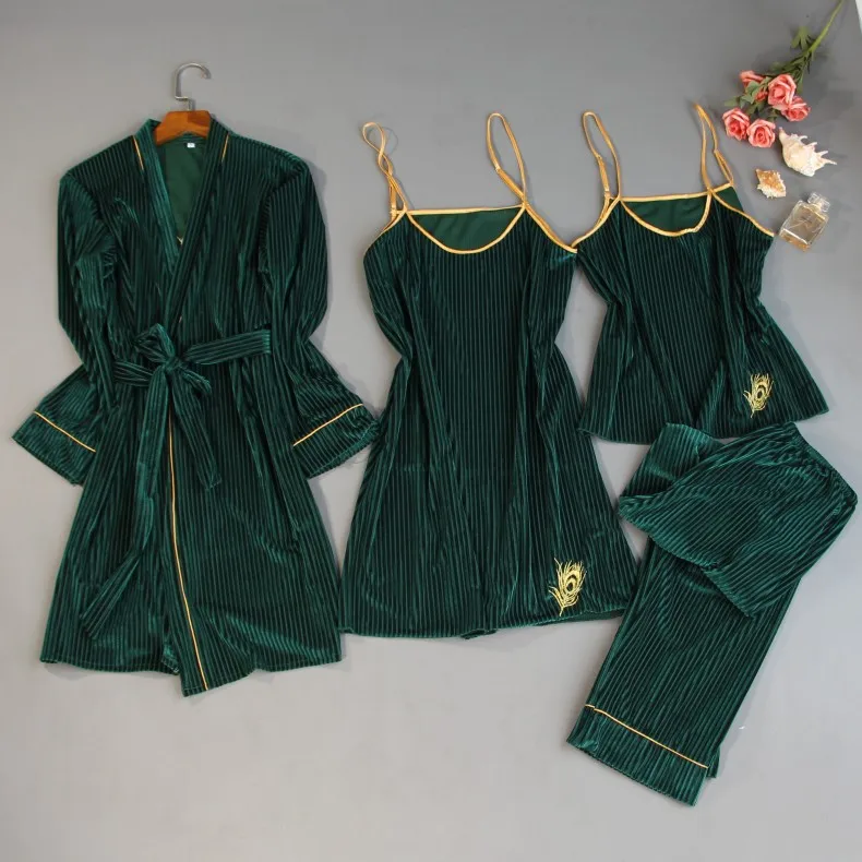 Бархатный женский пижамный комплект из 4 предметов кимоно с вышивкой рубашка