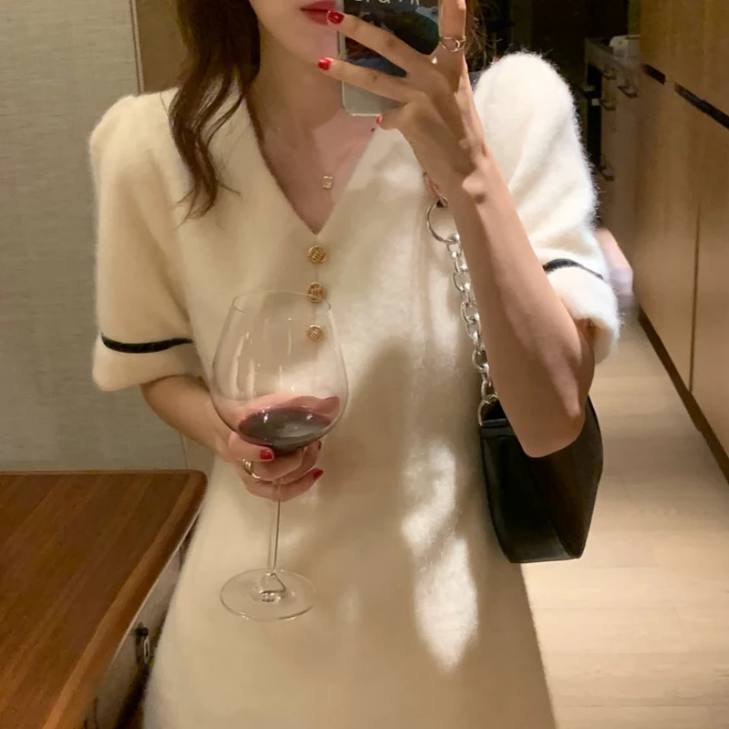 

French Casual Spring V-Neck Short Sleeve Woolen Dress Office Lady Chic Daily Women Clothing