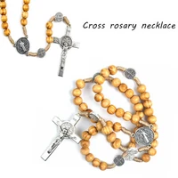 handmade round bead catholic rosary wood beads necklace exorcism alloy knotted cross pendent charm jewelry gifts