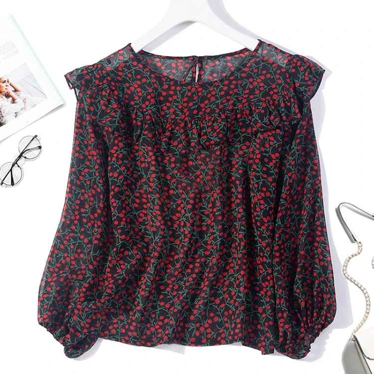 Женская рубашка из 100% чистого шелка милая блузка с оборками на воротнике и