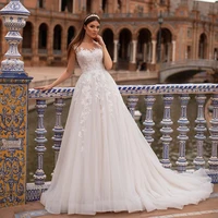 elegant scoop lace applique wedding dresses custom made sheer neck tulle a line bridal gowns robe de mariage