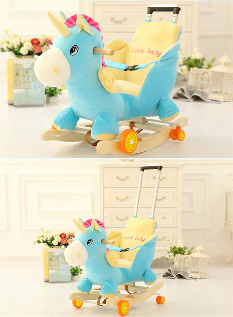 

Multi-function Wooden&plush animal Unicorn Elephant Mickey Rocking Horse Trojan toy Rocking Chair baby carriage Child trolley