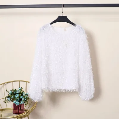 WHITE Осень Женская Сексуальная Bling o-образным вырезом кисточка искусственный мех с длинным рукавом вязаный свитер рубашка леди базовые Топы футболки пуловеры - Цвет: WHITE