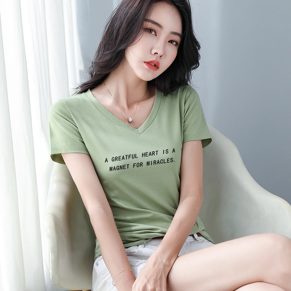 

Summer Casual Women T-shirt Slim Female T-shirt Fashion Punk T Shirt Korean Itself Letter Print V Neck Short Sleeve T Shirts