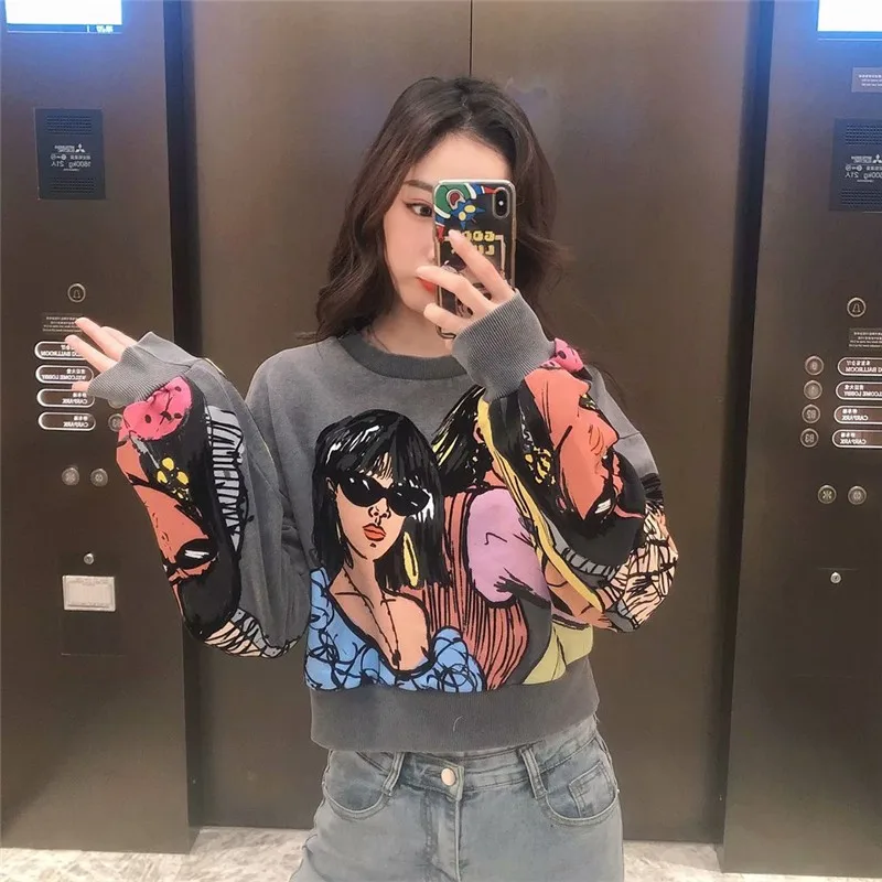 Женский Укороченный свитшот с принтом TMODA1068 Za весенний Свободный пуловер