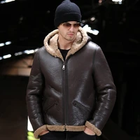 men winter real fur coat natural thicken hooded sheepskin fur clothing brown short genuine leather jackets