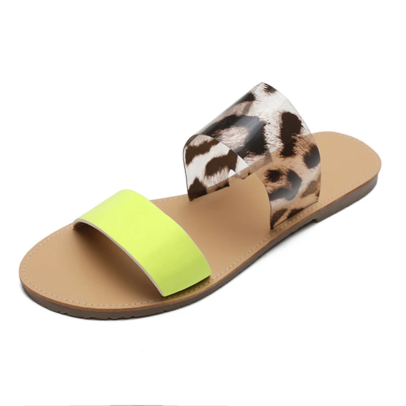 2020 летние Для женщин ярко-желтого цвета Туфли без каблуков тапочки и леопардовым