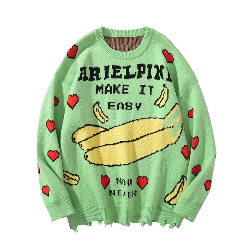 

2021 уличные свитера в стиле Харадзюку, вязаные джемперы с граффити в виде бананового сердца, свитер в стиле хип-хоп, модная повседневная трик...