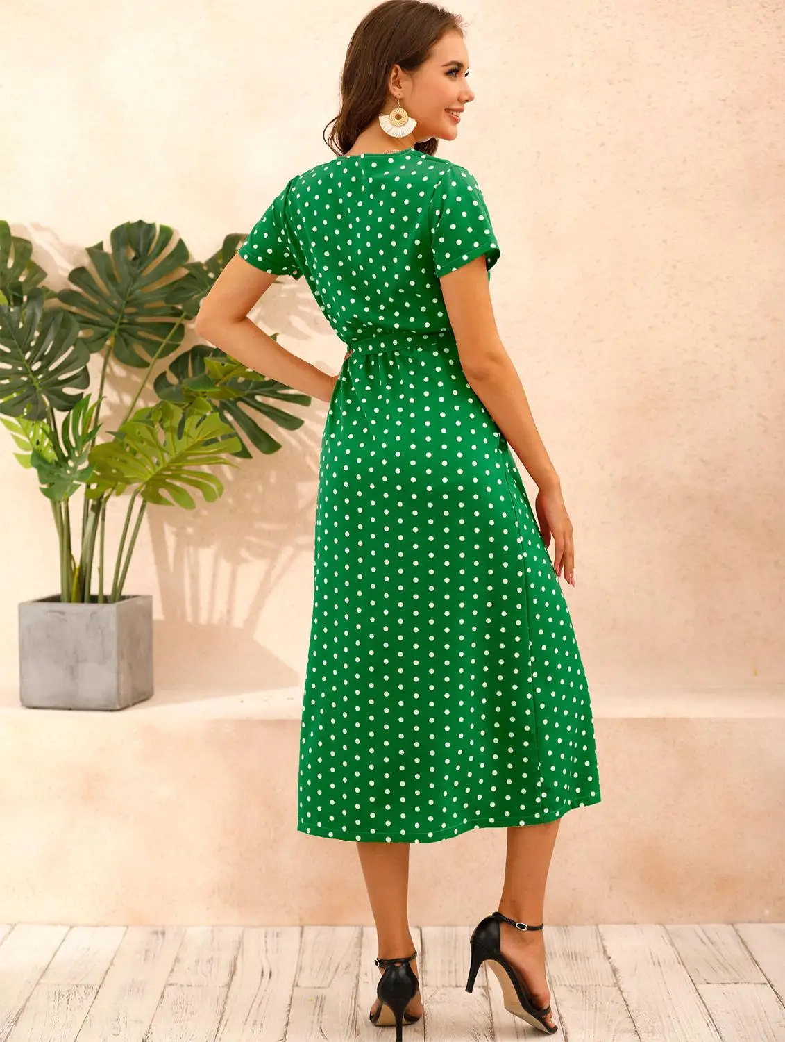 

Women's V Neck Cross Belt Tunic Slim Split Mid-Calf Dress Summer Casual Bohemian Polka Dots Dresses