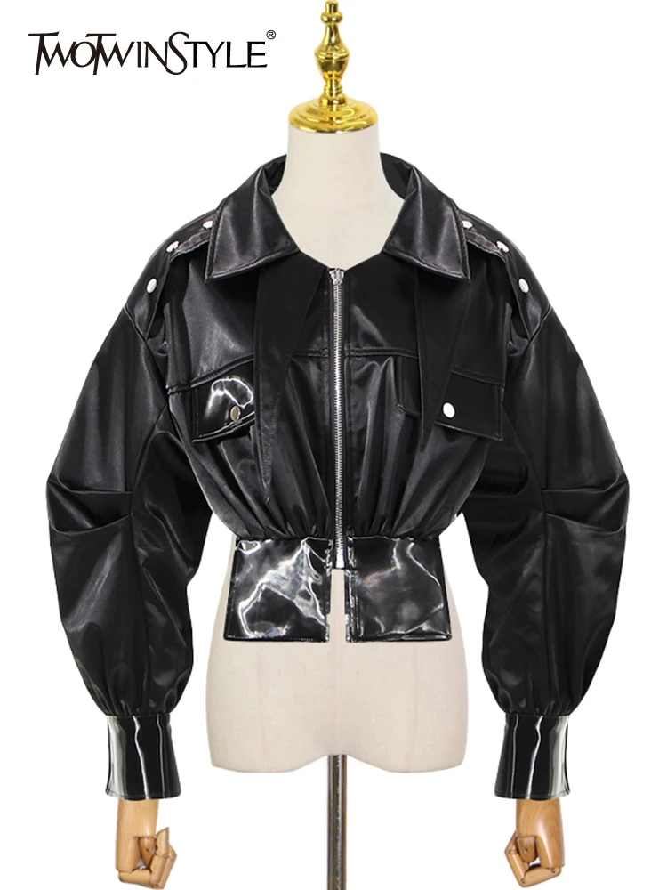 

TWOTWINSTYLE Black PU Leather Jacket For Women Lapel Long Sleeve Solid Casual Jackets Female Korean Fashion Clothing 2021 Style
