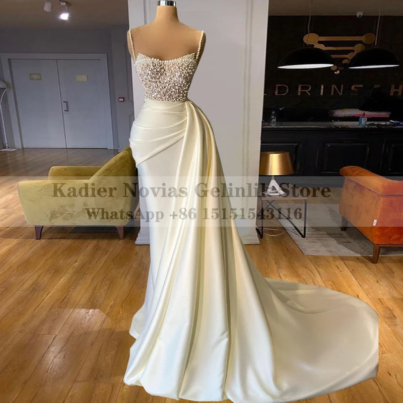 

KADIER NOVIAS Long Ivory Mermaid Satin Wedding Dresses 2022 with Straps Pearls Beaded Robe De Mariee